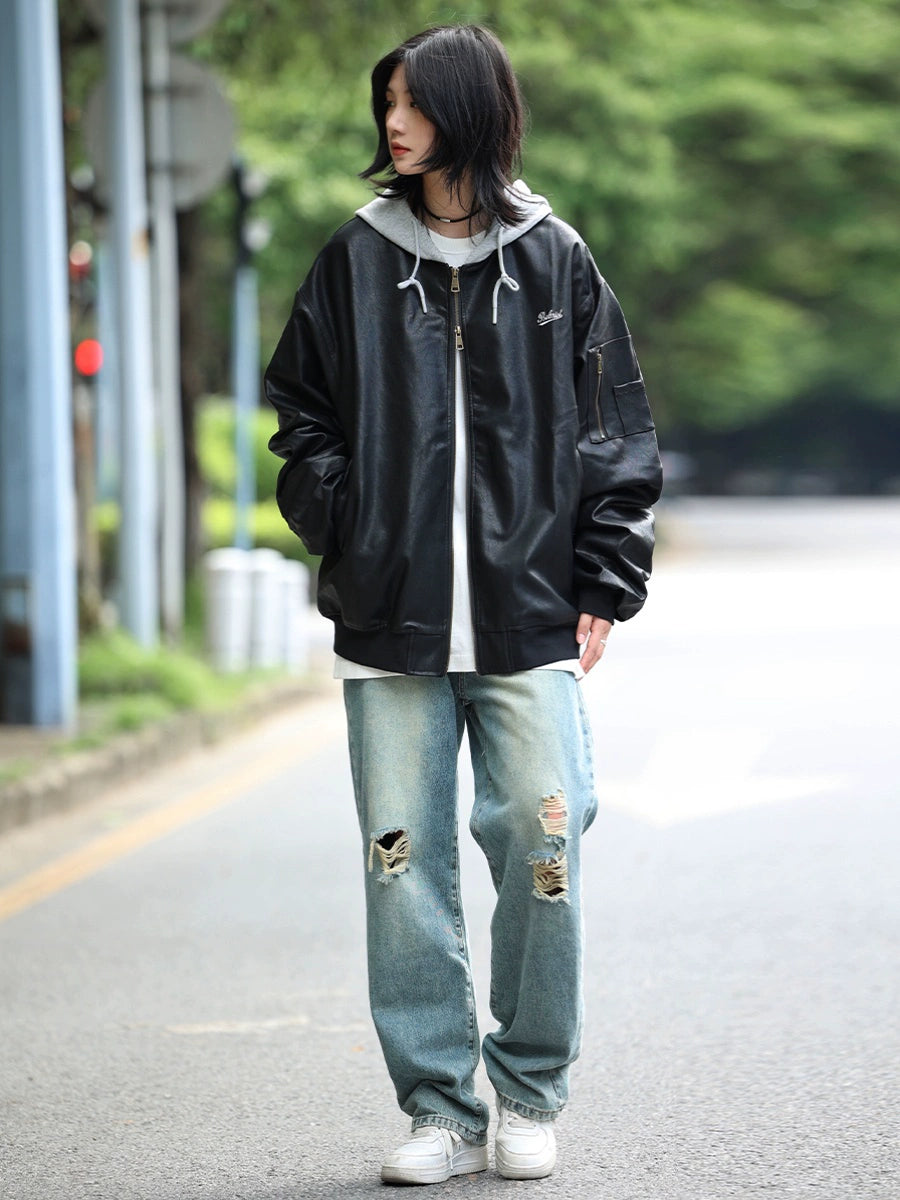 Hooded vegan leather jackets No.879