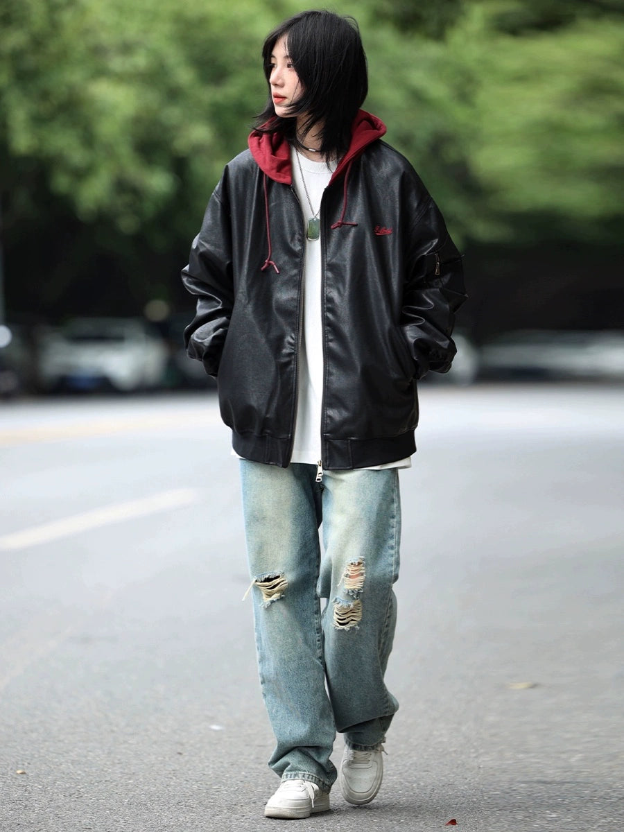 Hooded vegan leather jackets No.879