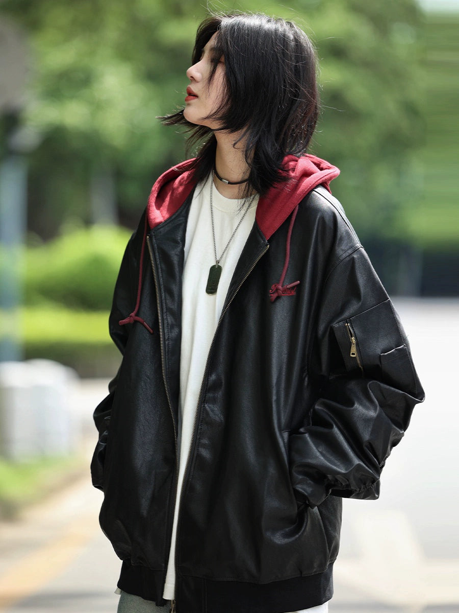 Hooded vegan leather jackets No.879