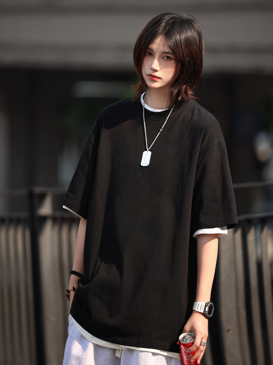 sleeve men's solid color T-shirt basic Japanese casual versatile loose retro trend heavy No.1837