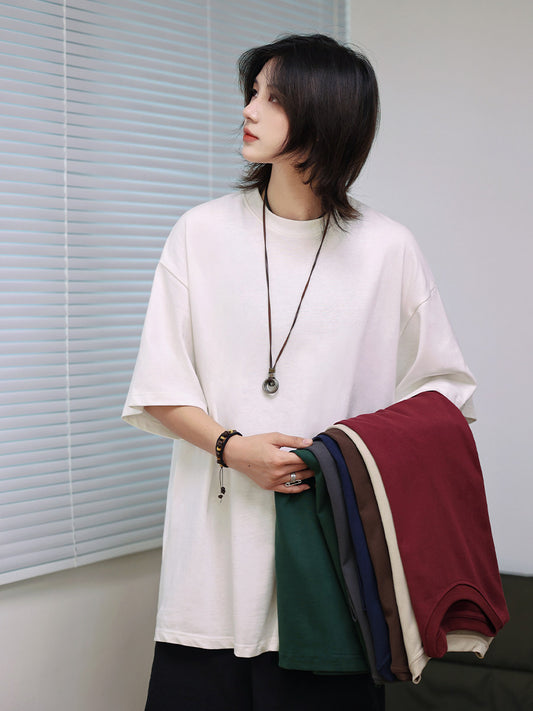 sleeve men's solid color T-shirt basic Japanese casual versatile loose retro trend heavy No.1837