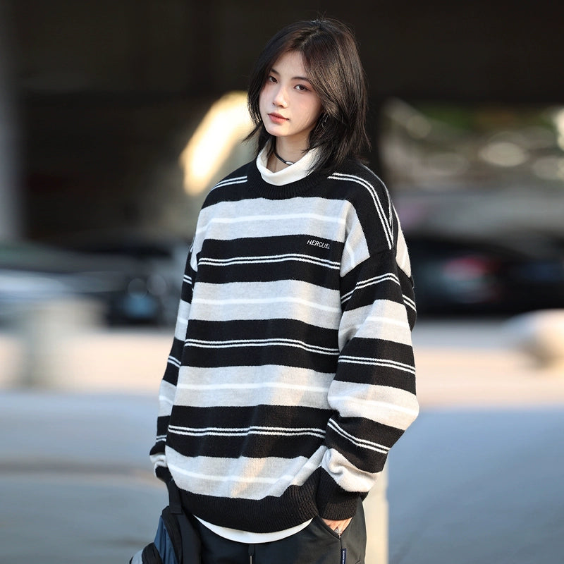 knitted striped sweater round neck No.58