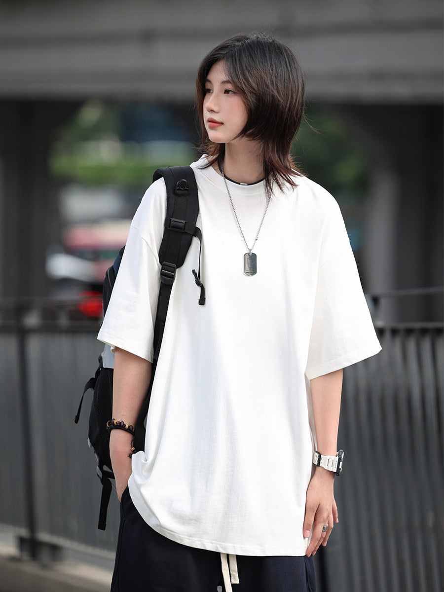 sleeve men's solid color T-shirt basic Japanese casual versatile loose retro trend heavy No.1837