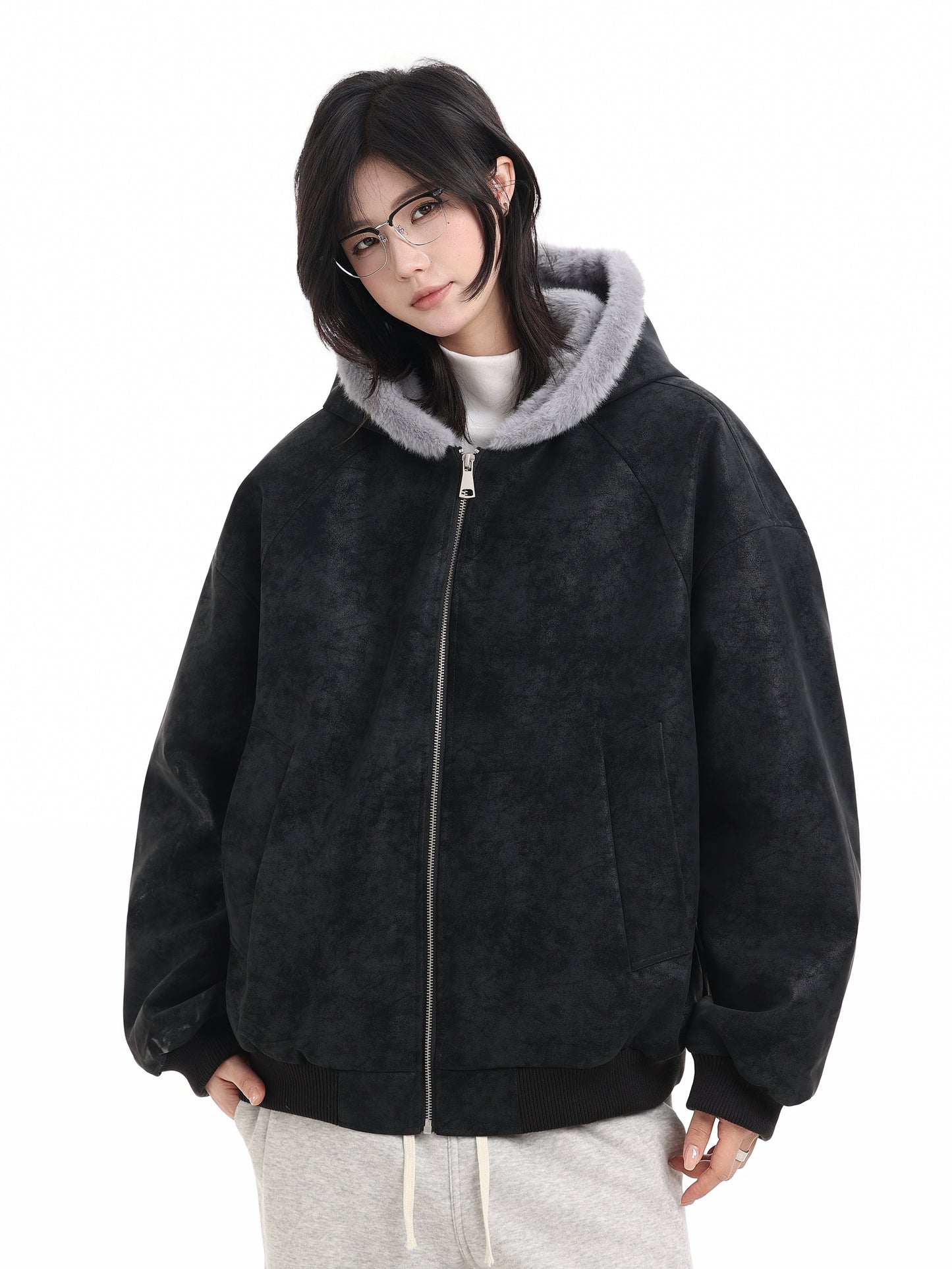 Vegan Leather Mink Hooded Jumper No.1669