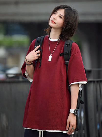 sleeve men's solid color T-shirt basic Japanese casual versatile loose retro trend heavy No.1837