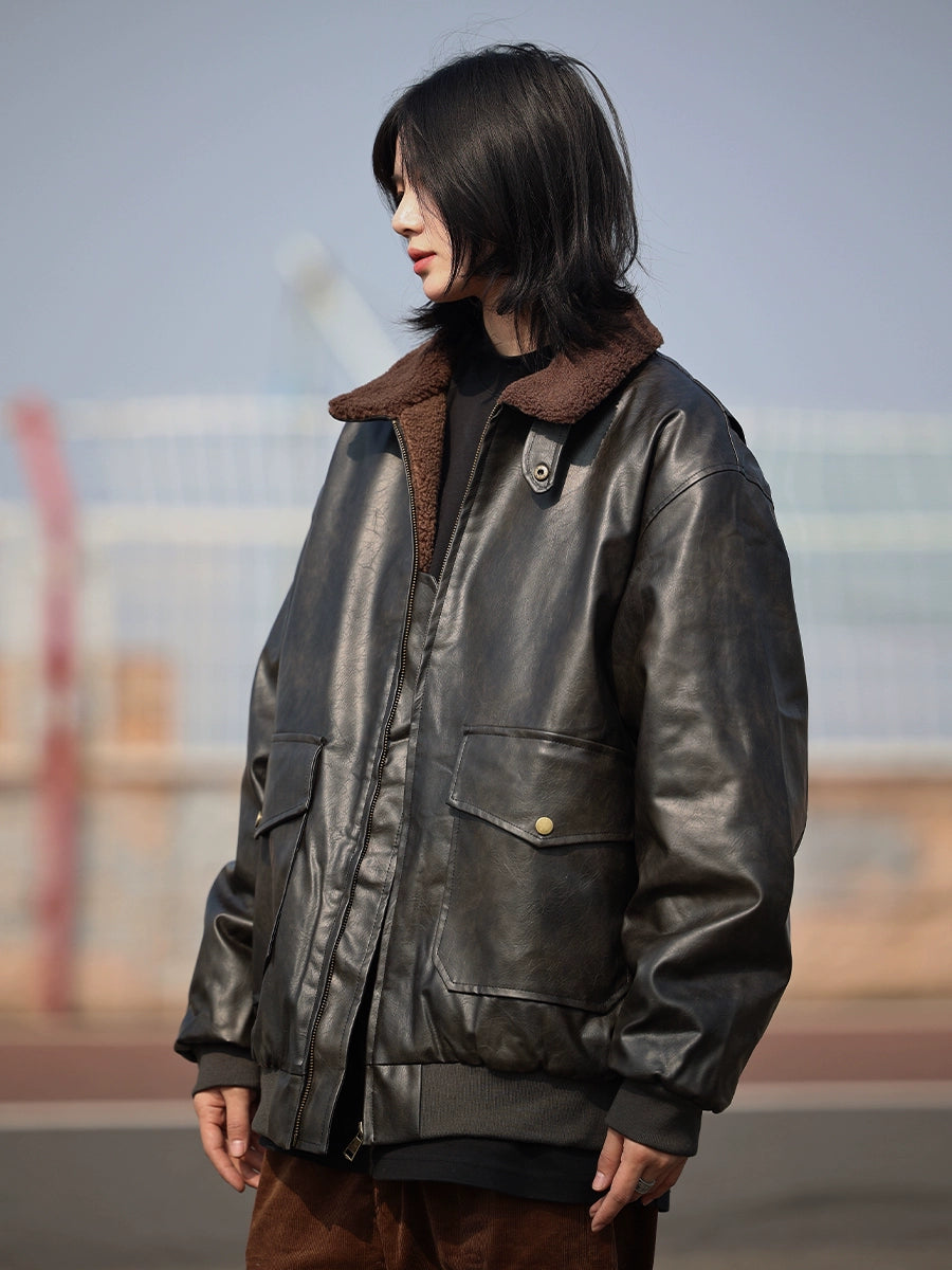 Lambs wool padded jacket vegan leather jacket, No.1125