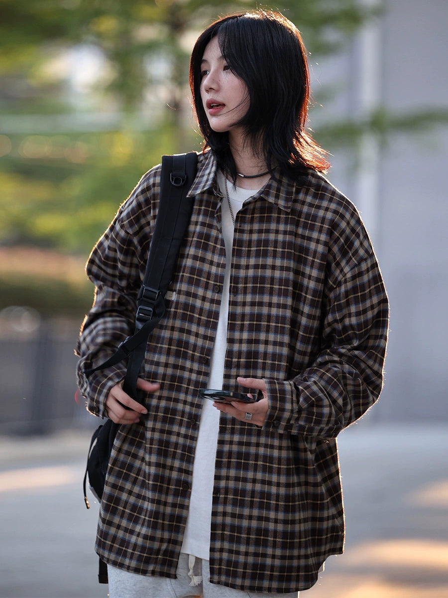 Loose shirt back print plaid long-sleeved shirt No.821