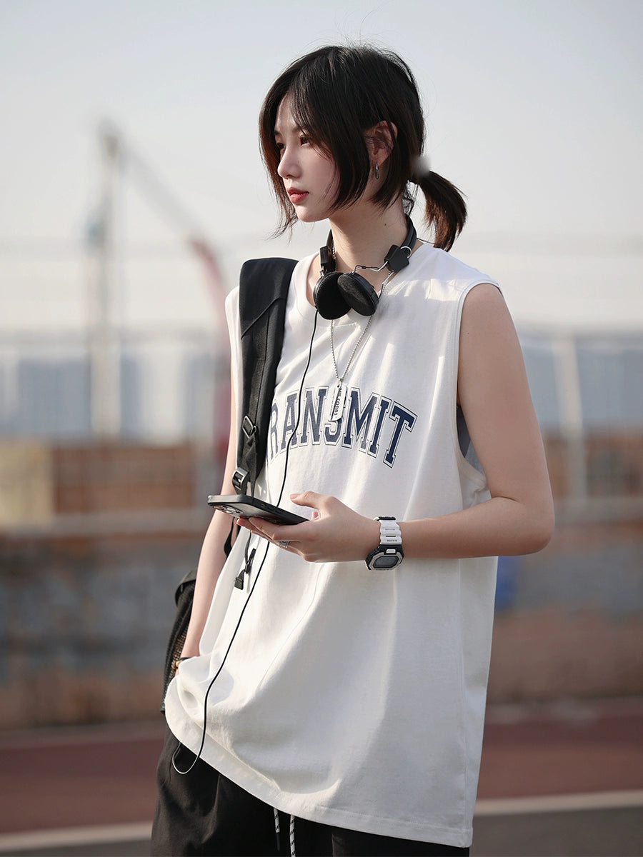 Print crewneck sleeveless vest T-shirt No.699