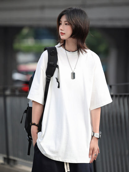 sleeve men's solid color T-shirt basic Japanese casual versatile loose retro trend heavy No.1837