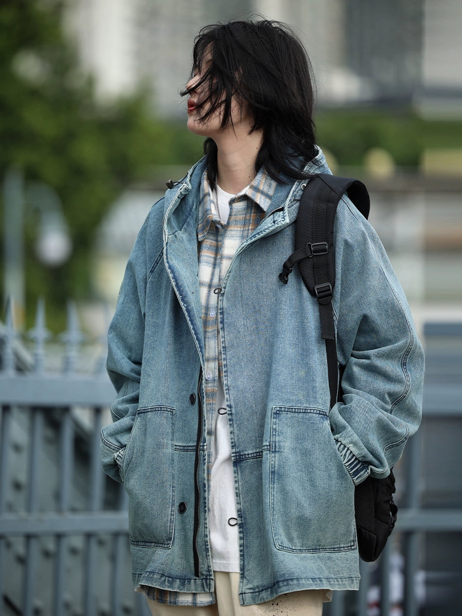 Workwear, hooded wash, distressed denim jackets No.937