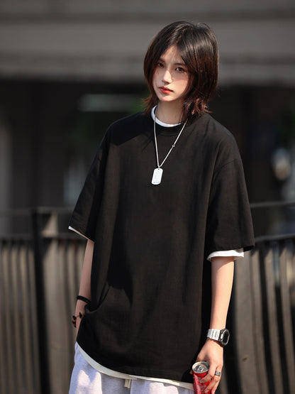 sleeve men's solid color T-shirt basic Japanese casual versatile loose retro trend heavy No.1837