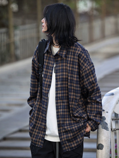 Loose shirt back print plaid long-sleeved shirt No.821