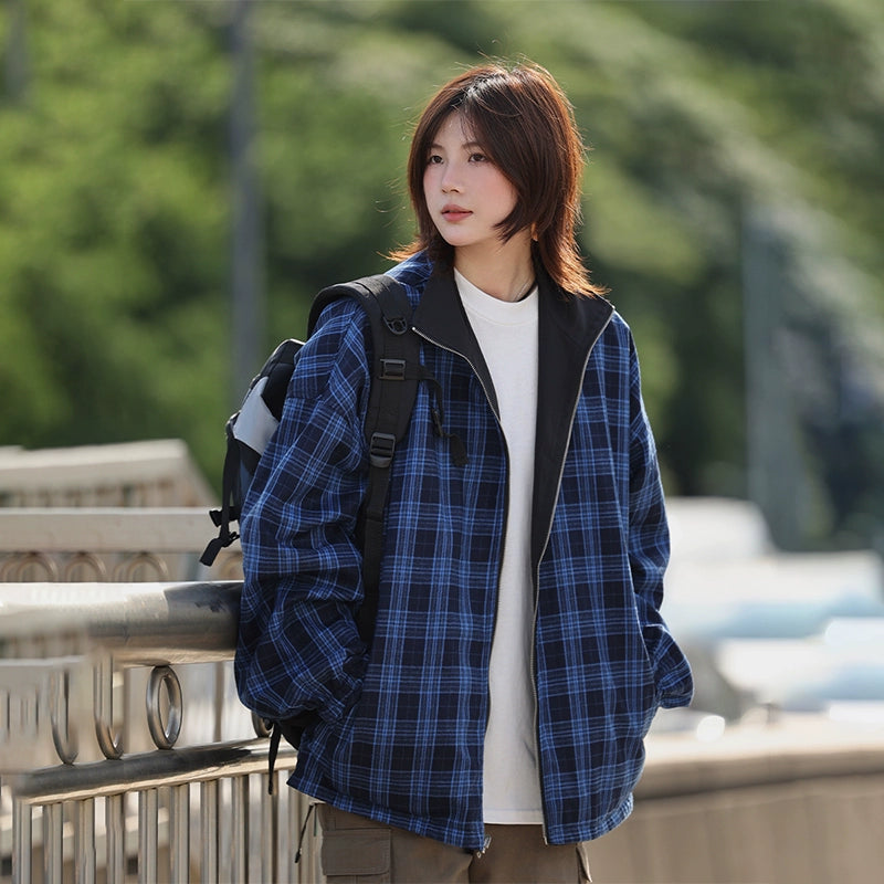 Revealed jacket plaid stand-up collar No.1339