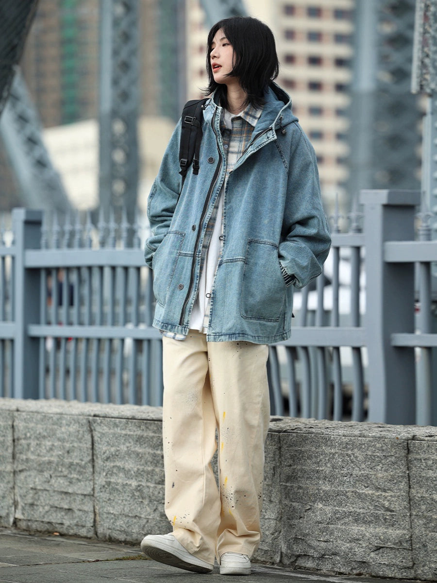 Workwear, hooded wash, distressed denim jackets No.937