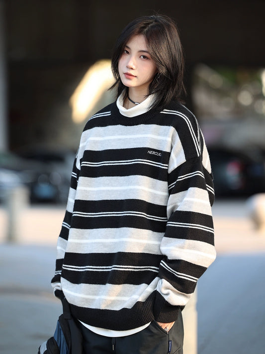 knitted striped sweater round neck No.58